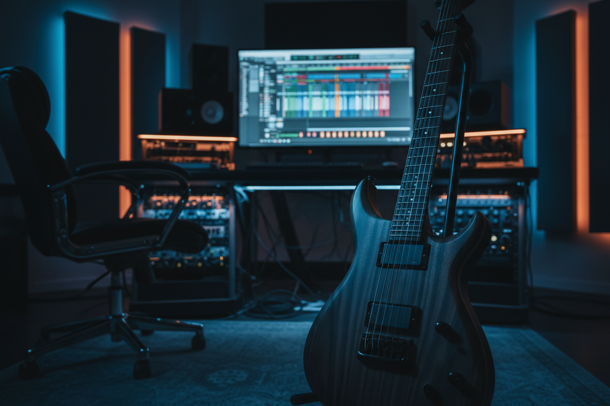 Professional music production studio scene with a modern electric guitar in the foreground, positioned in front of a computer screen displaying a DAW (digital audio workstation) with visible waveforms and mixing interface. Dark, moody lighting with subtle blue and orange accent lights. The guitar should be a sleek, contemporary design with visible strings and wood grain details. Background shows a blurred studio environment with audio equipment. Cinematic, high-contrast photography style. 